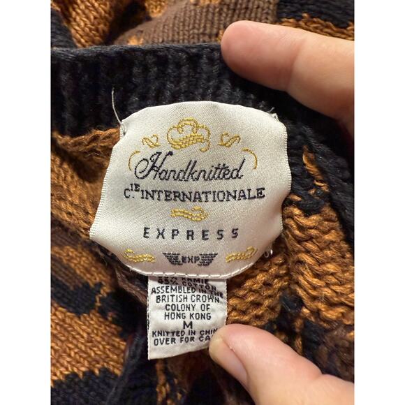 VTG Express Sweater Cardigan 1990s Hand Knit Leopard Womens Med Oversized Brown - Picture 2 of 13